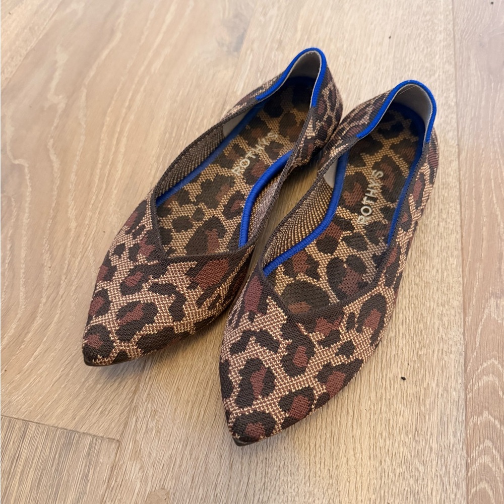 Rothy's Leopard Print Pointed Flats with Blue Trim